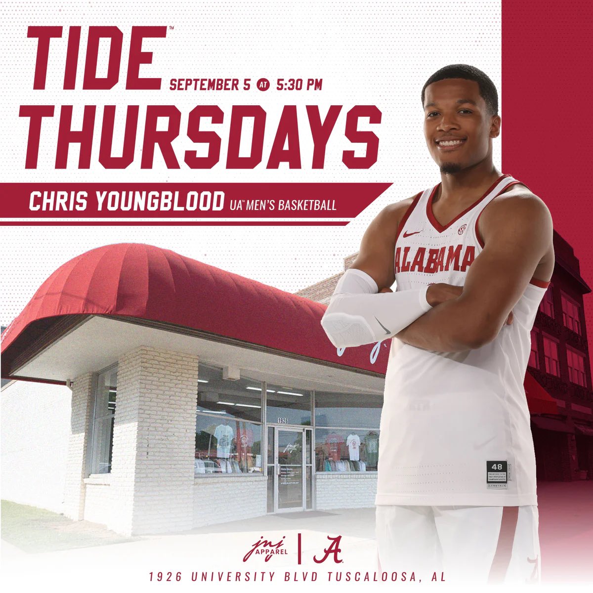 ctsykes13's tweet photo. Playing South Florida this week? We’ve got you covered at  @JNJApparel for Tide Thursdays! Chris Youngblood (@Youngbloo2Chris) will be at JNJ Apparel this Thursday at 5:30 pm CT for a meet and greet! During that time all basketball merch will be 20% off! Additionally, The Voice of Alabama, Chris Stewart (@CStewartSports), will also be at JNJ Apparel! Come out and meet the guys and pick up some Alabama apparel!