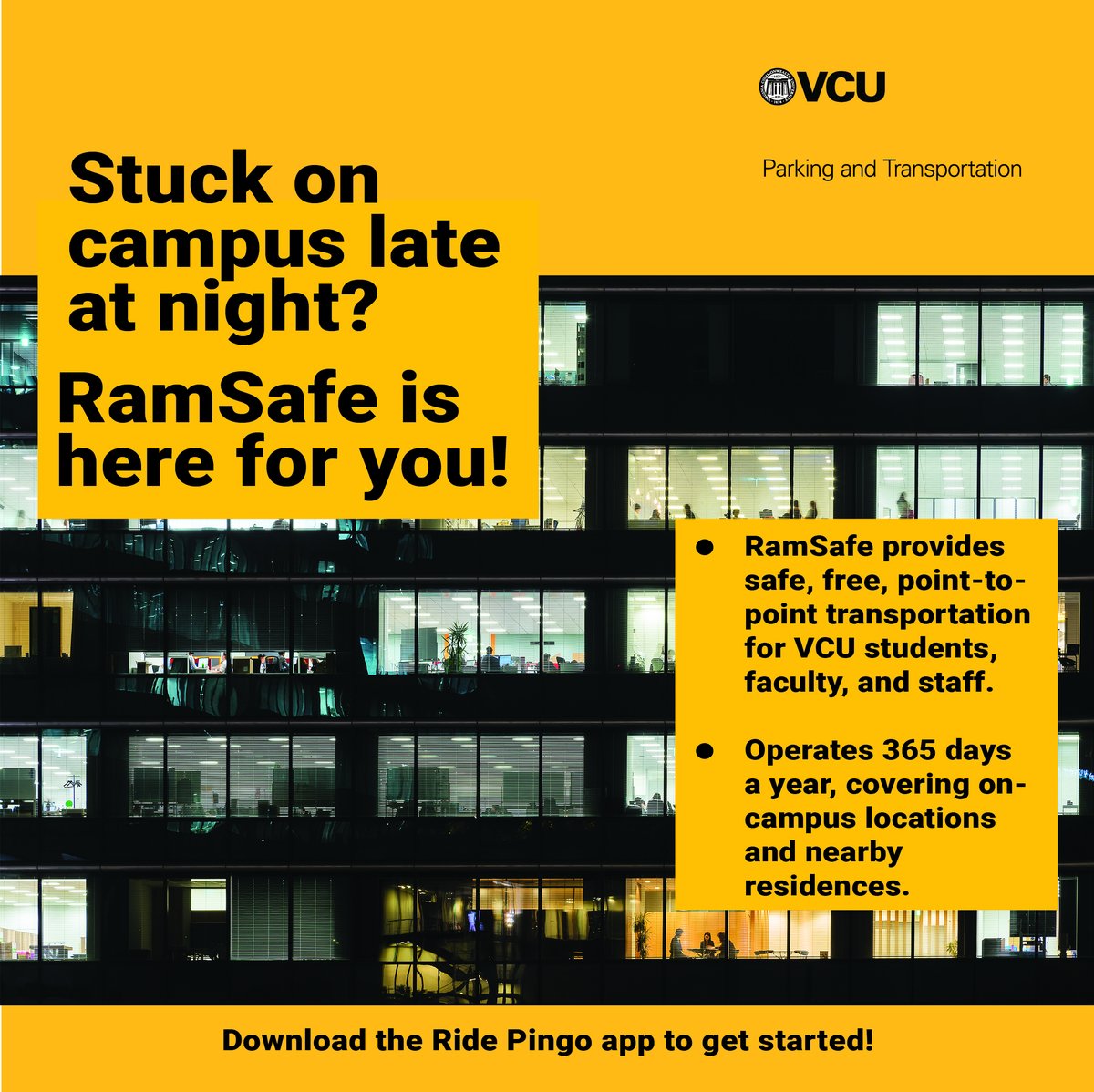 VCUParking's tweet photo. RamSafe provides safe, free, point-to-point transportation for VCU students, faculty, and staff. Operating 365 days a year, we cover on-campus locations and nearby residences. ๐ข๐
๐ฒ Download the Ride Pingo app to get started! https://t.co/UGzj8Os6Yy
#RamSafe #SafeRides #VCU https://t.co/VUzKSqJZPt