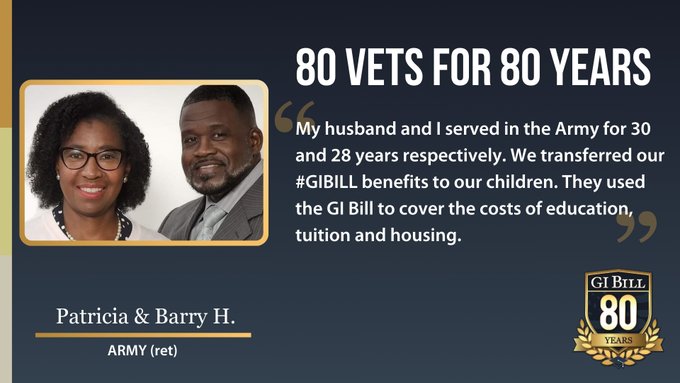 MDVAHCS's tweet image. Barry and Patricia served in the Army for 30 and 28 years respectively. They transferred their GI Bill benefits to their children. They used the GI Bill to cover the costs of education (tuition and housing). #VeteranSuccess #80Vetsfor80Years #IUsedMyGIBill