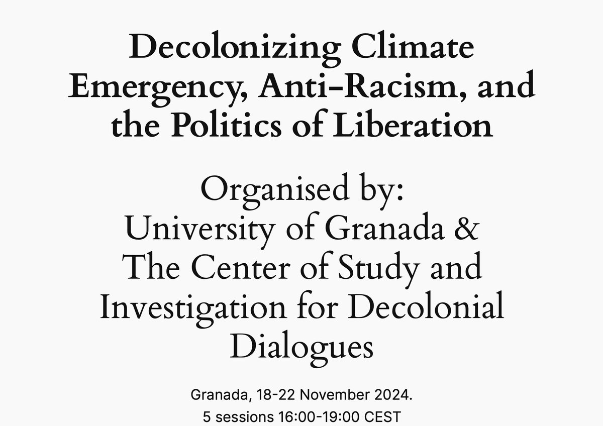 Alberto Matarán Ruiz (@albertomataran) on Twitter photo Decolonizing Climate Emergency, Anti-Racism, and the Politics of Liberation.
climate.dialogoglobal.com
<a href="/ProfGrosfoguel/">Ramón Grosfoguel</a> <a href="/MonicaMorenoFig/">Dr. Monica Moreno Fig...</a> <a href="/brenobringel/">Breno Bringel</a> <a href="/munadajani/">muna dajani</a> <a href="/ManzaneraRoser/">Roser Manzanera Ruiz</a>
M. Dajani, K. Ranjan, J. Sánchez Contreras
K. Colmenares, A. Álvarez Veinguer. In person and on line Decolonizing Climate Emergency, Anti-Racism, and the Politics of Liberation.
climate.dialogoglobal.com
<a href="/ProfGrosfoguel/">Ramón Grosfoguel</a> <a href="/MonicaMorenoFig/">Dr. Monica Moreno Fig...</a> <a href="/brenobringel/">Breno Bringel</a> <a href="/munadajani/">muna dajani</a> <a href="/ManzaneraRoser/">Roser Manzanera Ruiz</a>
M. Dajani, K. Ranjan, J. Sánchez Contreras
K. Colmenares, A. Álvarez Veinguer. In person and on line