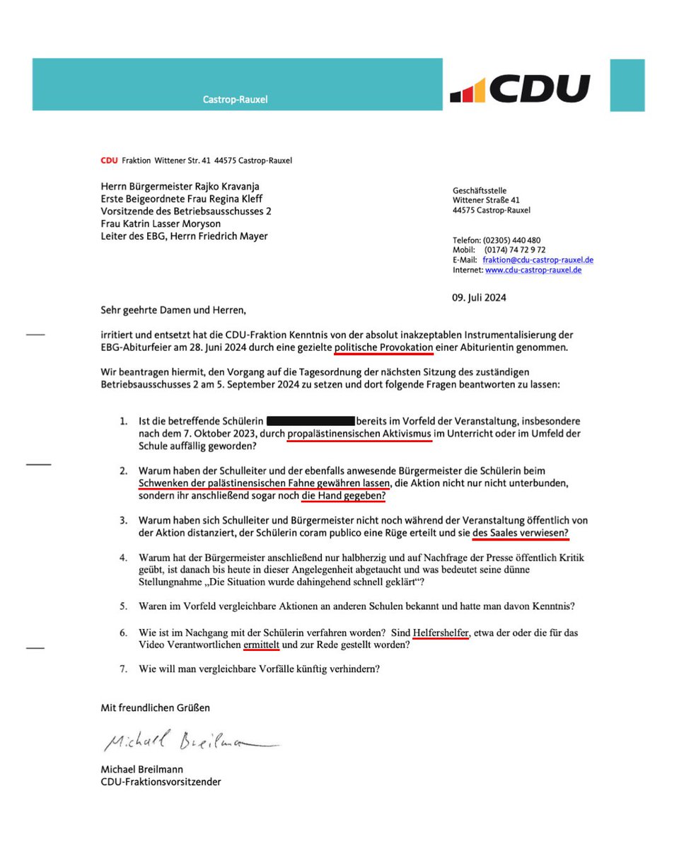 Weil eine Schülerin bei ihrer Abiturfeier eine palästinensische Fahne dabei hatte, verlangt der CDU-Bundestagsabgeordnete Michael Breilmann eine Hexenjagd gegen sie.

In einem Brief, der uns vorliegt, an den Bürgermeister von Castrop-Rauxel (NRW), an den Schulleiter und an den