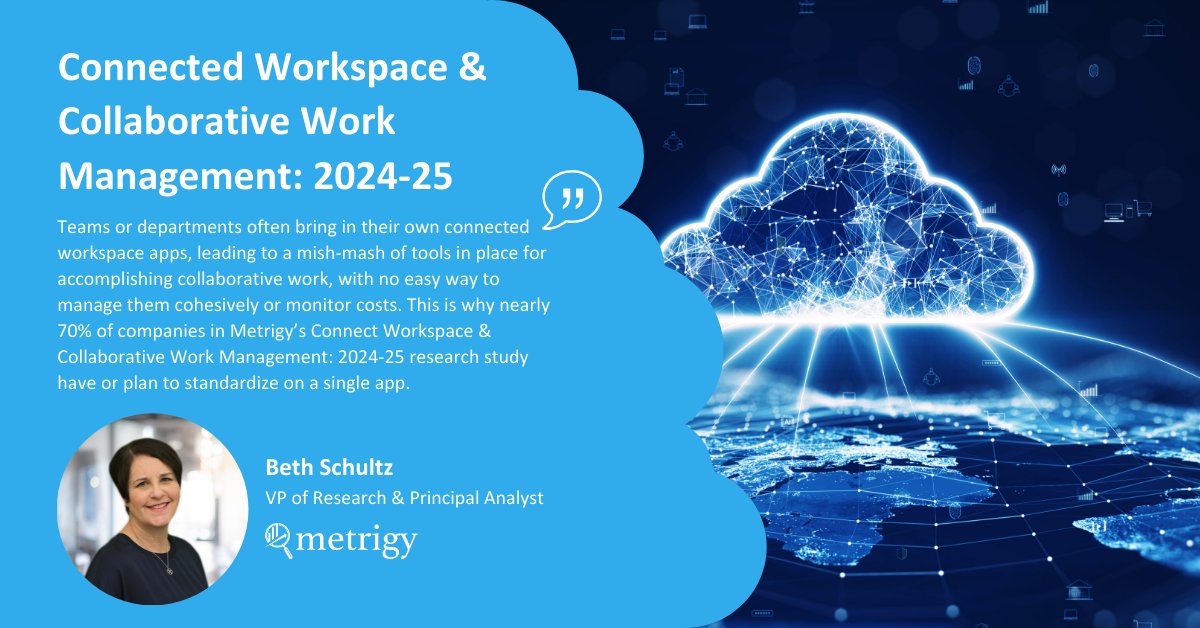 Metrigy's tweet image. 🚨 Brand new research led by @Beth_Schultz available now! See what Beth has to say about our Connected Workspace &amp;amp; Collaborative Work Management 2024-25 research study below:

#Collaboration #ConnectedWorkspace

metrigy.com/product/connec…
