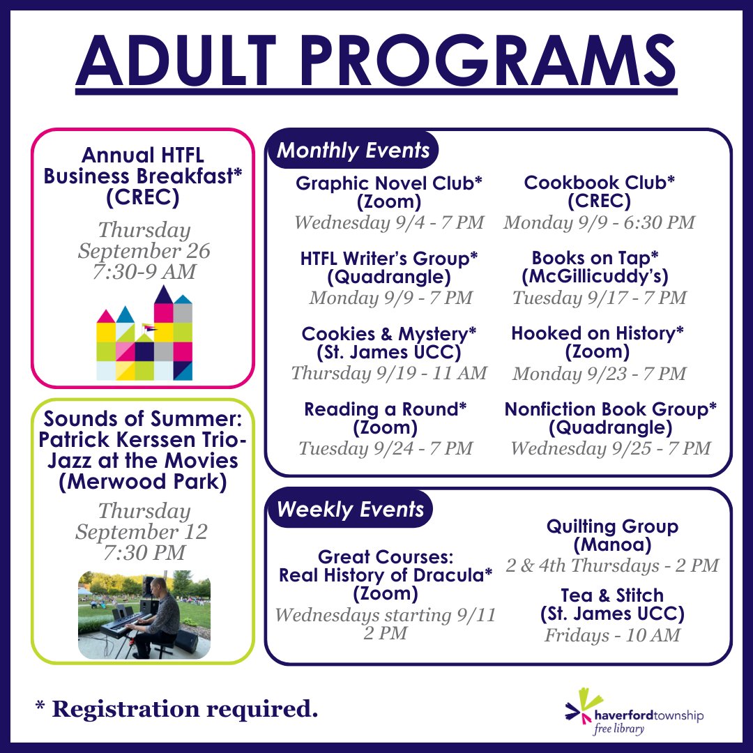 🍂 September is here, and that means cozy books, back to school, and even more HTFL library programs! Check out the exciting events for all ages happening this month at Haverford Township Free Library. See you at the library!📚 #htfl #havertownpa #htflevents #delcolibraries