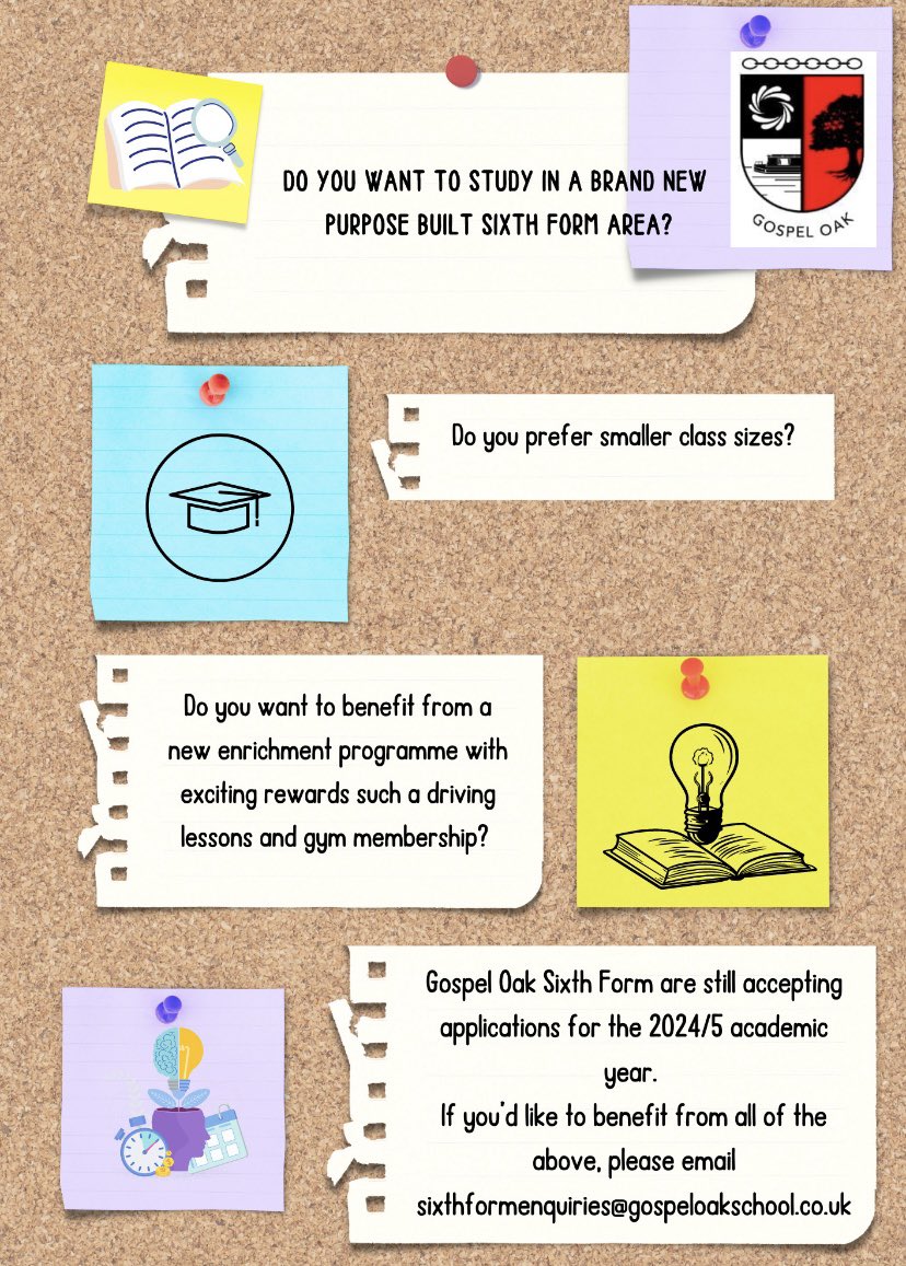 🚨Y11 leavers 🚨

We are still accepting applications for sixth form. If you’re interested or would like more information, please contact us via the email address below. Please share with anyone who you think could benefit from all that we have to offer