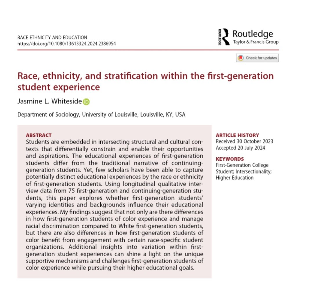 Jasmine L. Whiteside, PhD🌟🖤🌟 (@jlwhiteside) on Twitter photo Time has finally slowed enough for me to share that my first article as an Assistant Professor is out! Shoutout to the journal of Race, Ethnicity and Education for making the process smooth... & to <a href="/VincentRoscigno/">Vinnie Roscigno</a> for being HIM #moretocome 💪🏿😁 Time has finally slowed enough for me to share that my first article as an Assistant Professor is out! Shoutout to the journal of Race, Ethnicity and Education for making the process smooth... & to <a href="/VincentRoscigno/">Vinnie Roscigno</a> for being HIM #moretocome 💪🏿😁