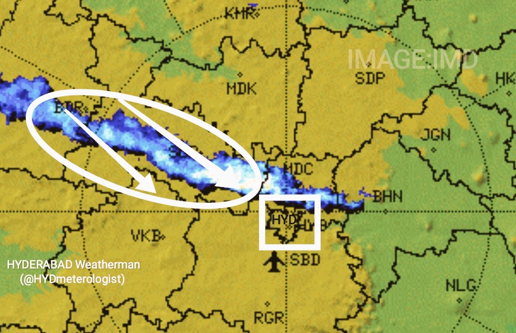 HYDERABAD Weatherman (@hydmeterologist) on Twitter photo #HyderabadRains UPDATE 🚨
11:00PM
Dense Clouds from Sangareddy moving SE,
Hence Moderate-Heavy ⛈️Rainfall likely at isolated places of the City in next 3 hours.
<a href="/HiHyderabad/">Hi Hyderabad</a> <a href="/swachhhyd/">Shaandaar Hyderabad</a> #HyderabadRains UPDATE 🚨
11:00PM
Dense Clouds from Sangareddy moving SE,
Hence Moderate-Heavy ⛈️Rainfall likely at isolated places of the City in next 3 hours.
<a href="/HiHyderabad/">Hi Hyderabad</a> <a href="/swachhhyd/">Shaandaar Hyderabad</a>