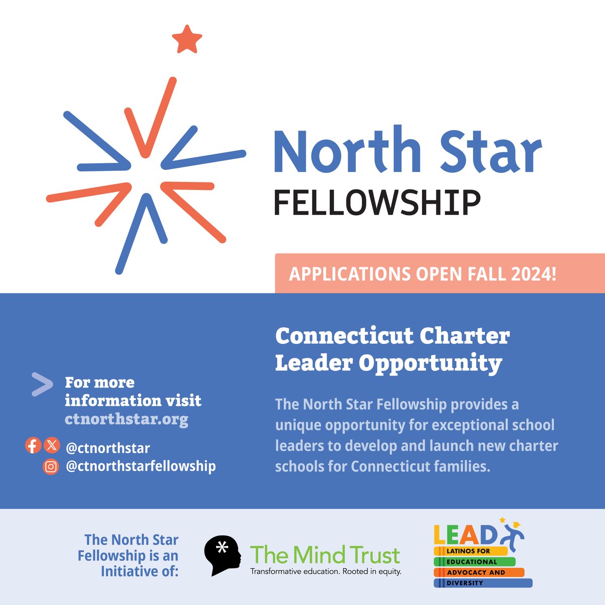 Connecticut families deserve more great education options. The North Star Fellowship will give talented leaders the time and resources to launch new public charter schools for Connecticut families. Learn more: ctnorthstar.org 

Fellowship partners: <a href="/TheMindTrust/">The Mind Trust</a> <a href="/ct_lead/">CT LEAD</a>