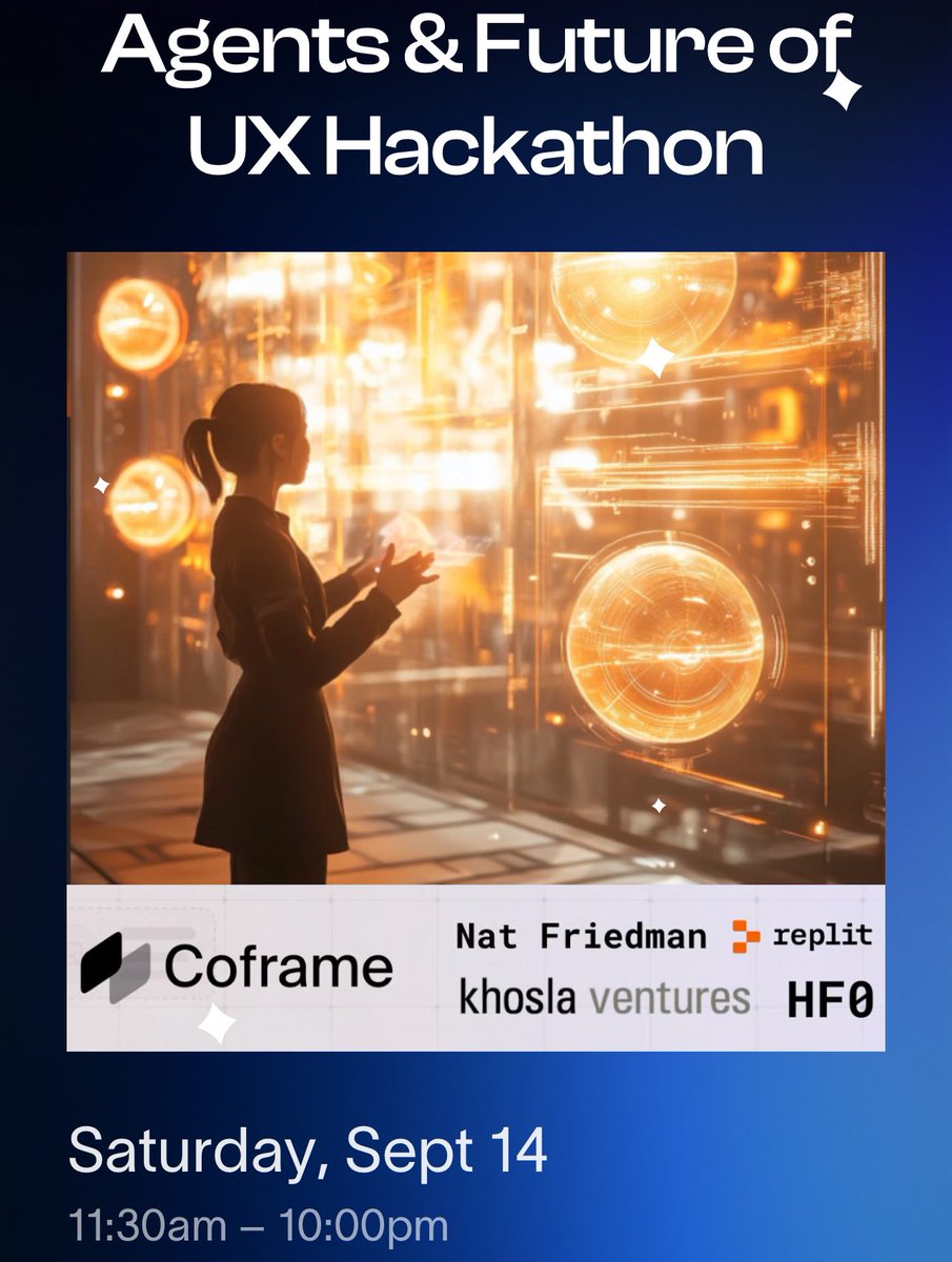 Invite the best founders/builders in the agent space to come reimagine the future of UX in the age of agents at AGI house on 9/14! cc <a href="/joshpxyne/">Josh Payne</a> <a href="/coframe_ai/">Coframe</a> 

RSVP: partiful.com/e/KiYuRV9IglDt…