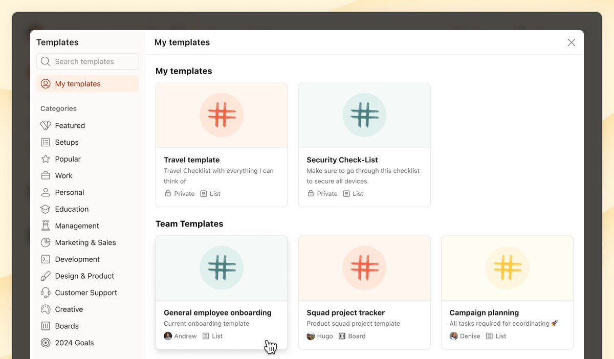 You know those teammates that seem to have an amazing template for any project that comes their way.

It's the best, right? ☺️

Well, if you're using Todoist with your team, now you can:

📚 Add your team’s go-to templates to a shared gallery

✨ Use them to standardize how you