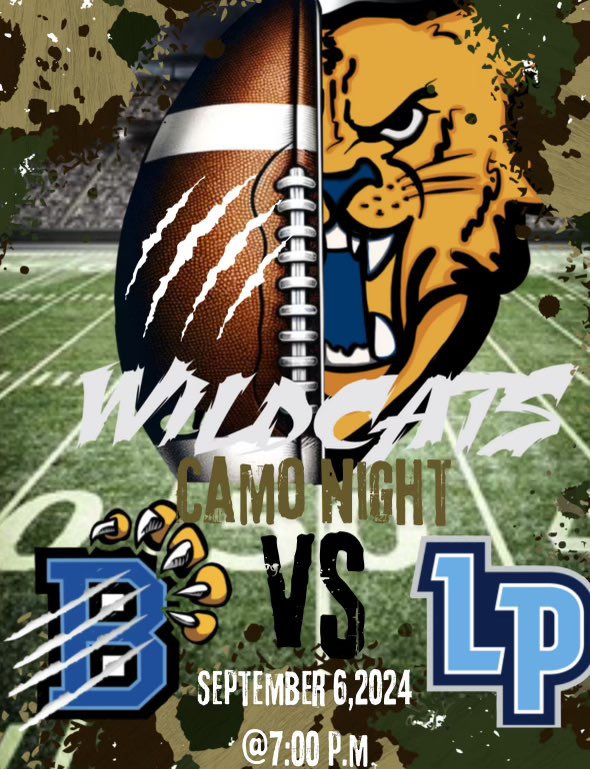 BHS_WILDCATS_FB's tweet photo. Wildcat Fans this Friday at 7PM your Wildcats take on The Lakeland Prep Lions in the Jungle. Fridays contest is the first region game for the Wildcats. Fridays Theme is Camo. Come out and pack the Jungle! #BigBolton #PackTheJungle #TheJourney #WinYourRep https://t.co/c6jK1YT79a