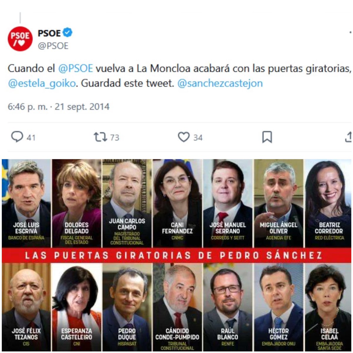 Arriba twit del PSOE DE 2014.

Abajo las puertas giratorias  con las que Sánchez va poco a poco colonizando todas las instituciones del Estado.  

El amo es un “hombre de palabra”.
El PSOE, qué buen vasallo si tuviese buen señor.