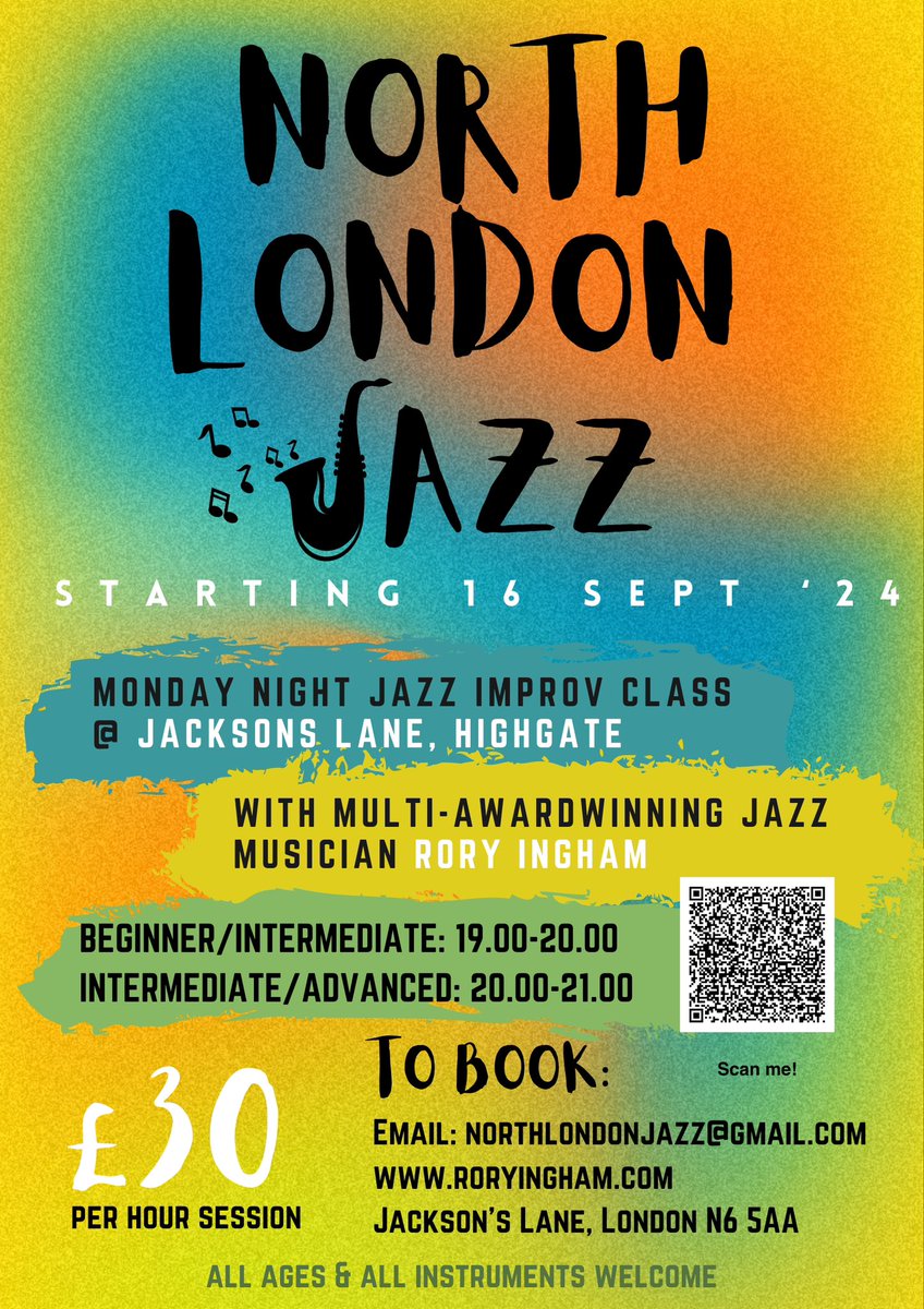 Rory Ingham (@roryingham) on Twitter photo Want to learn to improvise? Already play jazz but want to develop your skills? Come along to <a href="/Jacksonslane/">Jackson's Lane</a> for a friendly, supportive + fun class on how to improvise! Starts Mon 16 Sep!
<a href="/theMHFGA/">the Muswell Hill & Fortis Green Association MHFGA</a> <a href="/inmuswellhill/">Muswell Business</a> <a href="/MuswellHillNews/">MuswellHillNews</a> <a href="/crouchendforum/">Crouch End Forum</a> <a href="/highgatelondon/">Highgate</a> #northlondonjazz Want to learn to improvise? Already play jazz but want to develop your skills? Come along to <a href="/Jacksonslane/">Jackson's Lane</a> for a friendly, supportive + fun class on how to improvise! Starts Mon 16 Sep!
<a href="/theMHFGA/">the Muswell Hill & Fortis Green Association MHFGA</a> <a href="/inmuswellhill/">Muswell Business</a> <a href="/MuswellHillNews/">MuswellHillNews</a> <a href="/crouchendforum/">Crouch End Forum</a> <a href="/highgatelondon/">Highgate</a> #northlondonjazz