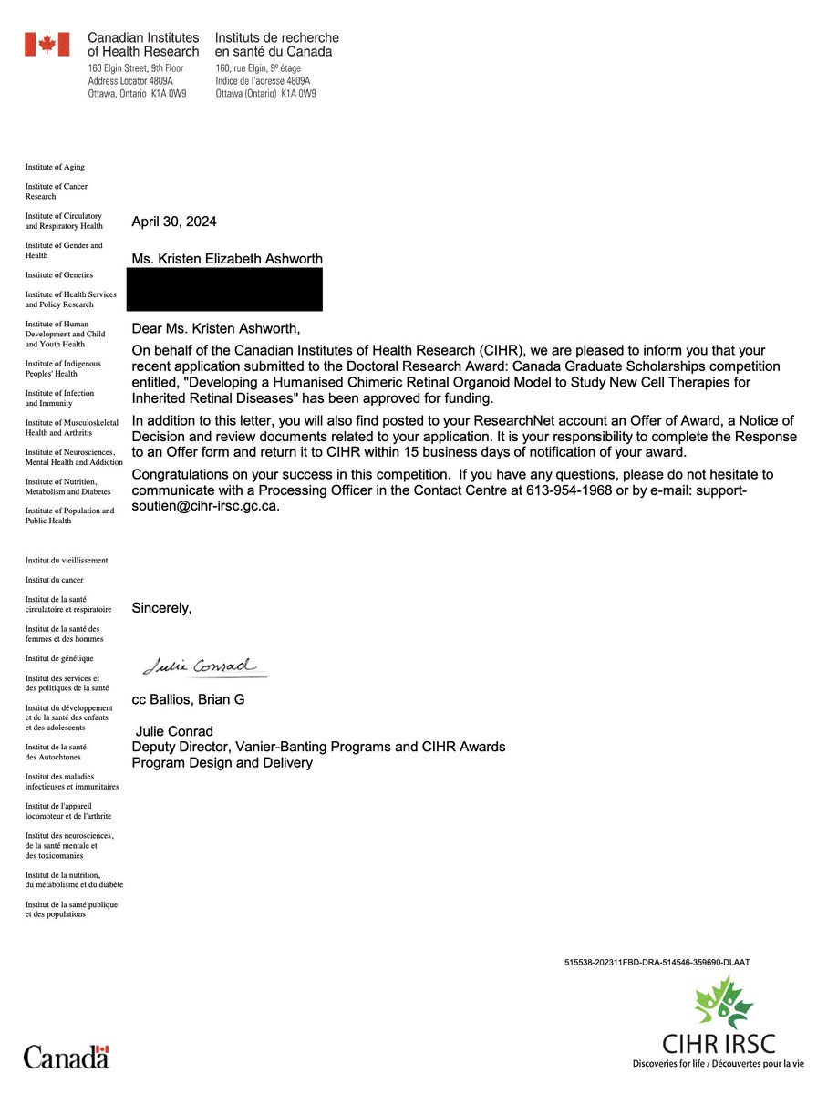 Kristen Ashworth (@k_ashworth01) on Twitter photo I am grateful and excited to be accepting a <a href="/CIHR_IRSC/">CIHR</a> Doctoral Research Award as I transition from my MSc to PhD studies this fall, studying inherited retinal diseases at the <a href="/BalliosLab/">BalliosLab</a>. Thank you to <a href="/BrianBallios/">Brian Ballios MD PhD</a> and the lab team for their support as I take this next step! I am grateful and excited to be accepting a <a href="/CIHR_IRSC/">CIHR</a> Doctoral Research Award as I transition from my MSc to PhD studies this fall, studying inherited retinal diseases at the <a href="/BalliosLab/">BalliosLab</a>. Thank you to <a href="/BrianBallios/">Brian Ballios MD PhD</a> and the lab team for their support as I take this next step!