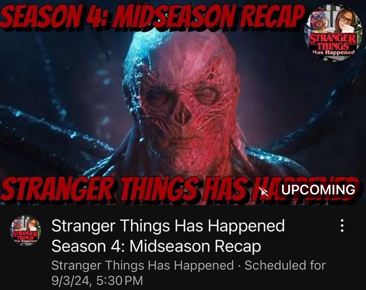 Tonight Stranger Things Has Happened returns with a recap of Season 4 Chapters 1-4. We’ll be live at 5:30pm eastern/2:30pm pacific; join us in the chat on YouTube, link below 👇🏻
youtube.com/live/T-_0Ud5c0…

#StrangerThings #StrangerThings4 #vecna #eleven #hopper #hawkins