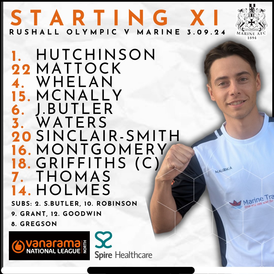 MarineAFC's tweet image. 🔔 Line Up Vs Rushall Olympic 

Matty Waters and Alex McNally start

Bobby Grant and Harvey Gregson are on the bench after their short term injuries.