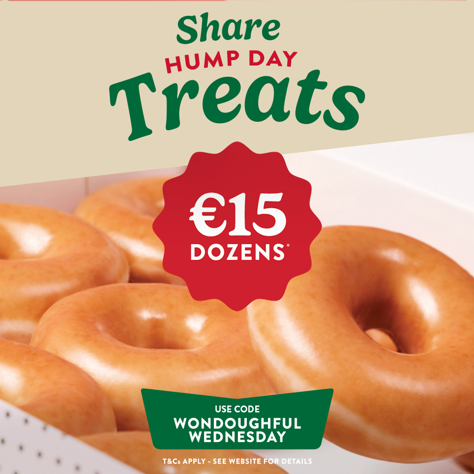 Get over that hump! It’s almost Wondoughful Wednesday at Krispy Kreme®! Grab any dozen for just €15 😱🎉 - T&amp;Cs apply

While you wait for the best day of the month: Using ONLY emojis, describe your favourite Krispy Kreme® doughnut and we’ll try and guess it! 🤔🍩
