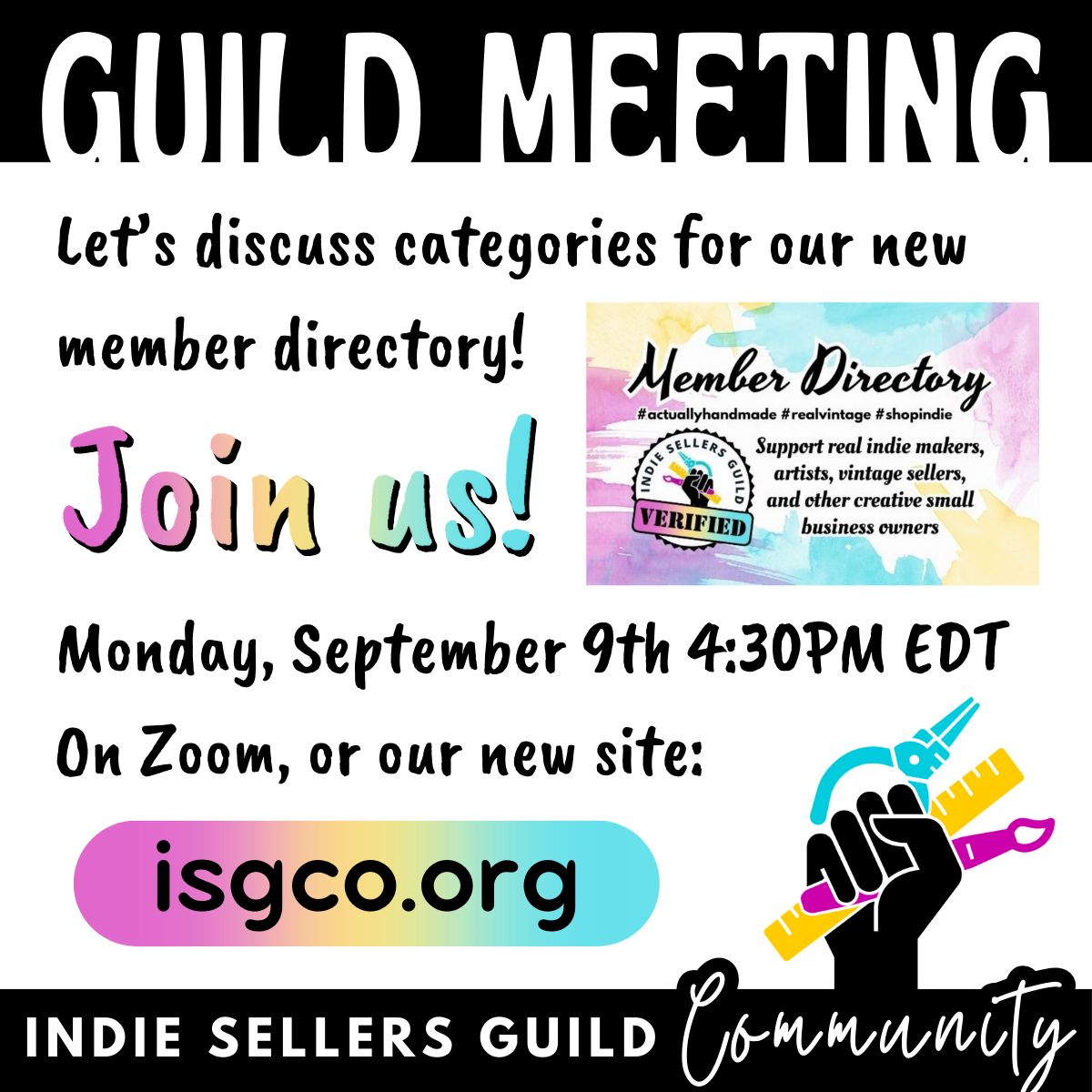 Our September guild meeting is next Monday - September 9th at 4:30PM EDT.  We'll be discussing categories for our new and improved member directory!  Find the link at isgco.org - our new community website! #indiesellersguild #unionsforall #supportsmall #indiestrong