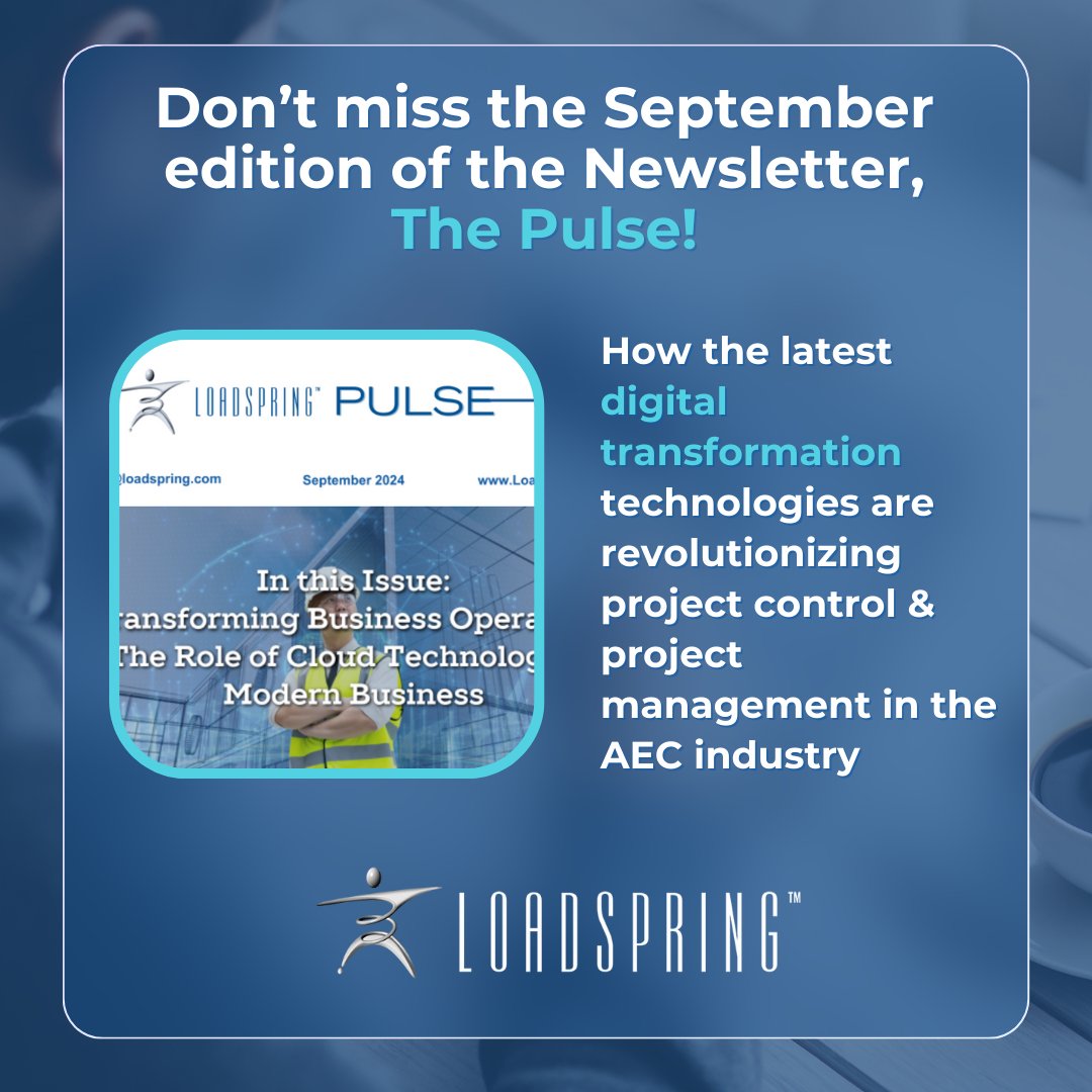 LoadSpring's tweet image. Don’t miss the Sept. edition of The Pulse! Including:
Cloud Tech in Business
Employee Spotlight: Michael Foresteire
Benefits of Private Cloud for Project Controls
Latest Industry Trends
Predictive Data Transformation Infographic
Sign up: hubs.ly/Q02N8_ZM0
#LoadSpring #AEC