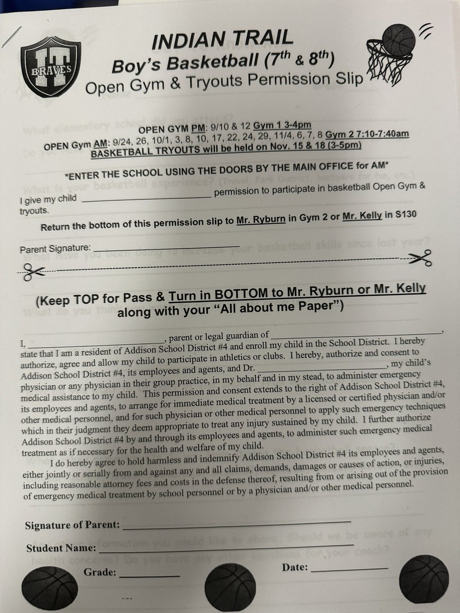 Attention Braves Basketball. Permission slips went out today for open gym.