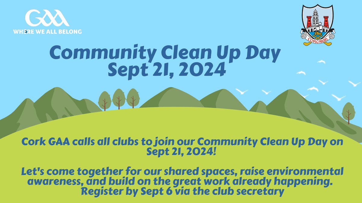 🌍 Cork GAA calls all clubs to join our Community Clean Up Day on Sept 21, 2024! 

Let's come together for our shared spaces, raise environmental awareness, and build on the great work already happening. 
Register by Sept 6 via the club secretary. 
💪 #WorldCleanUpDay