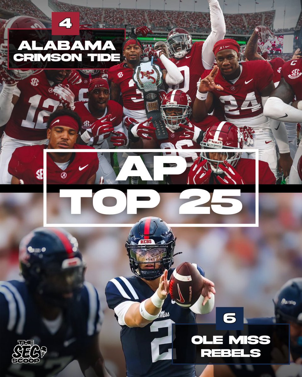 TheSECScoop's tweet photo. 🚨 Updated AP Rankings:

1. Georgia
2. Ohio St
3. Texas
4. Alabama
5. ND
6. Ole Miss
7. Oregon
8. Penn St
9. Mizzou
10. Michigan
11. Utah
12. Miami
13. USC
14. Tenn
15. OU
16. OSU
17. Kansas St
18. LSU
19. Kansas
20. Arizona
21. Iowa
22. Louisville
23. GT
24. NC St
25. Clemson https://t.co/dWzS2pFEcO