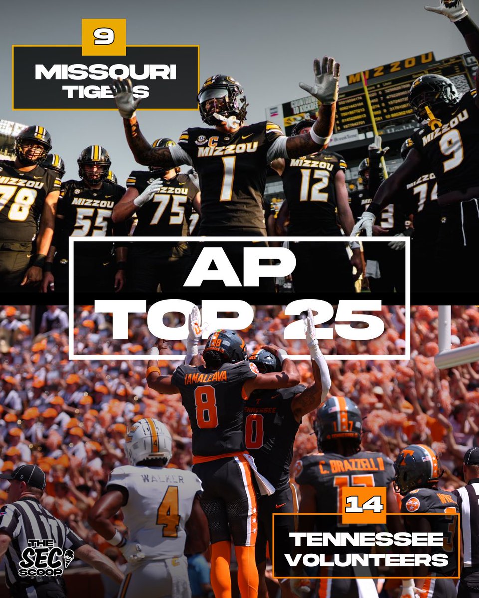 TheSECScoop's tweet photo. 🚨 Updated AP Rankings:

1. Georgia
2. Ohio St
3. Texas
4. Alabama
5. ND
6. Ole Miss
7. Oregon
8. Penn St
9. Mizzou
10. Michigan
11. Utah
12. Miami
13. USC
14. Tenn
15. OU
16. OSU
17. Kansas St
18. LSU
19. Kansas
20. Arizona
21. Iowa
22. Louisville
23. GT
24. NC St
25. Clemson https://t.co/dWzS2pFEcO