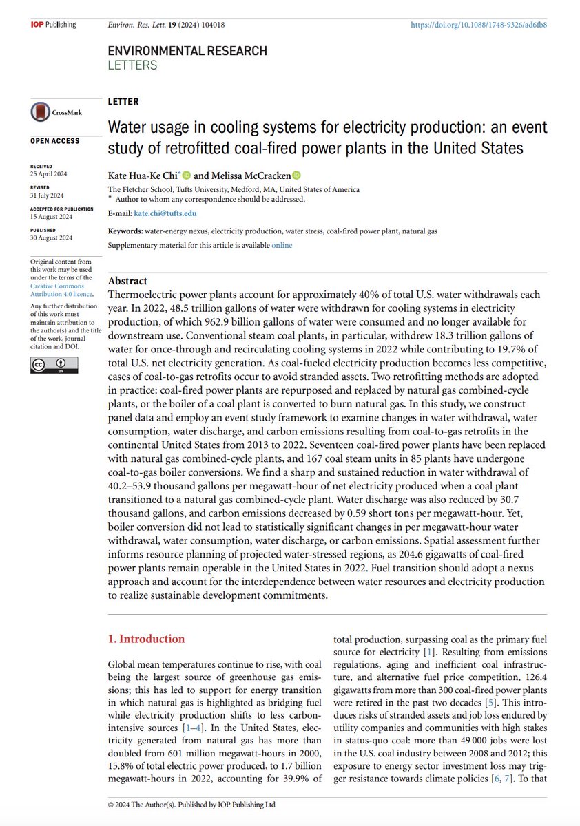 "In 2022, 48.5 trillion gallons of water were withdrawn for cooling systems in electricity production, of which 962.9 billion gallons of water were consumed and no longer available for downstream use," write <a href="/_KateChi/">Kate Hua-Ke Chi</a> &amp; <a href="/intnlwaters/">Melissa McCracken</a>.
iopscience.iop.org/article/10.108…