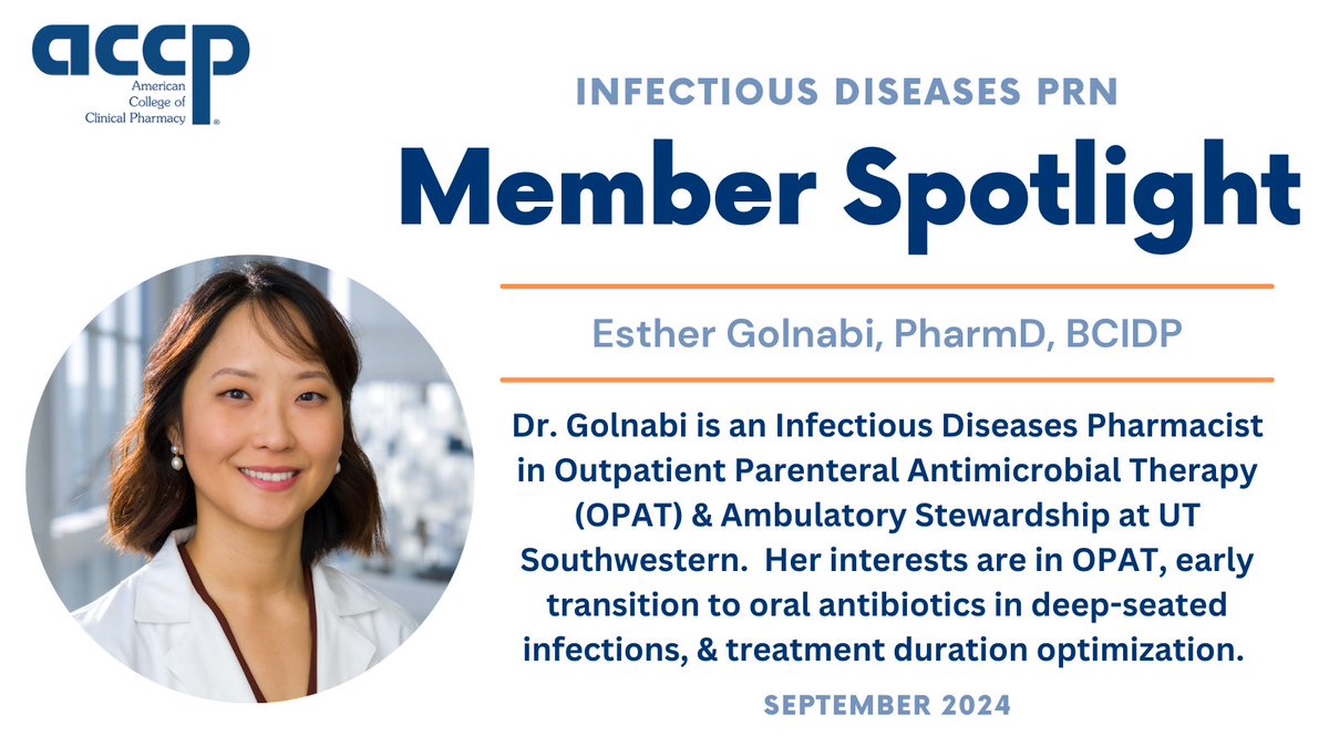 Congratulations to Dr. Esther Golnabi for being selected for our September ID PRN member spotlight‼️

Thank you for your dedication and significant contributions to pharmacy 🧫🌟💊

#IDPRN #IDX