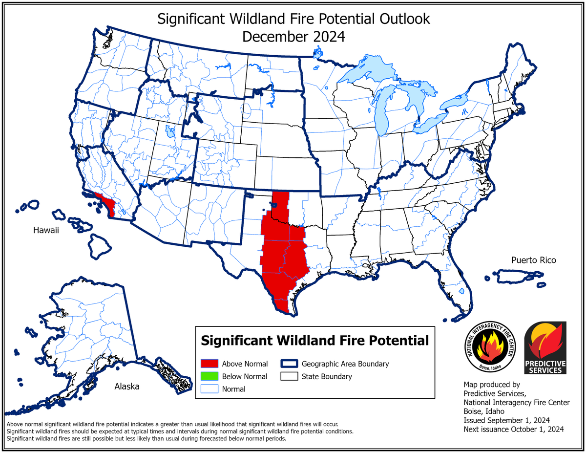 #NationalFireNews: Here's a look at the months ahead from Predictive Services. The National Significant Wildland Fire Potential Outlook for the months of September through December 2024 was just released.