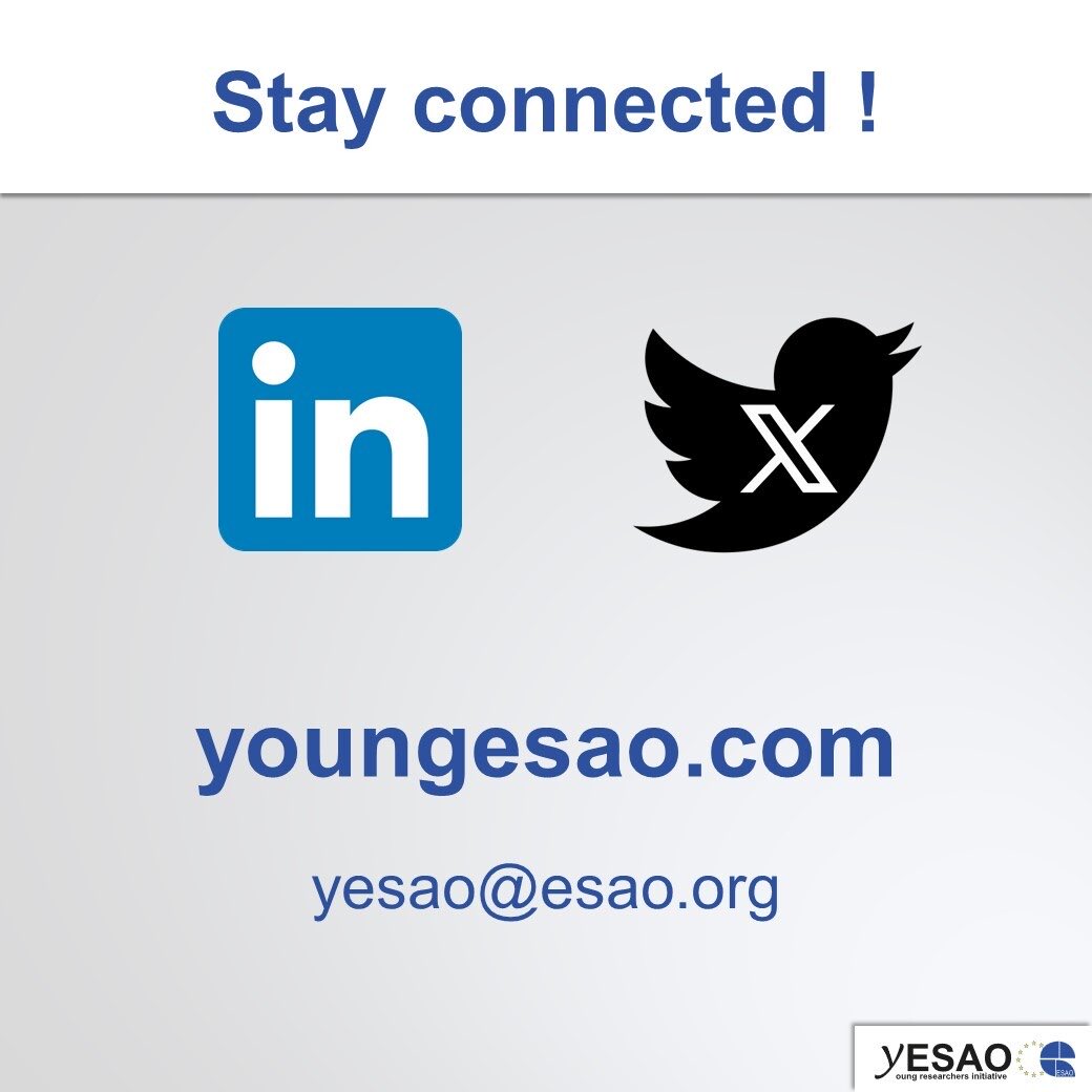 Are you ready for yESAO 2024? Stay connected with us via Linkedin and Twitter!!

It is almost here! 🔬🧪⚗️🧫🧬

#yESAO24