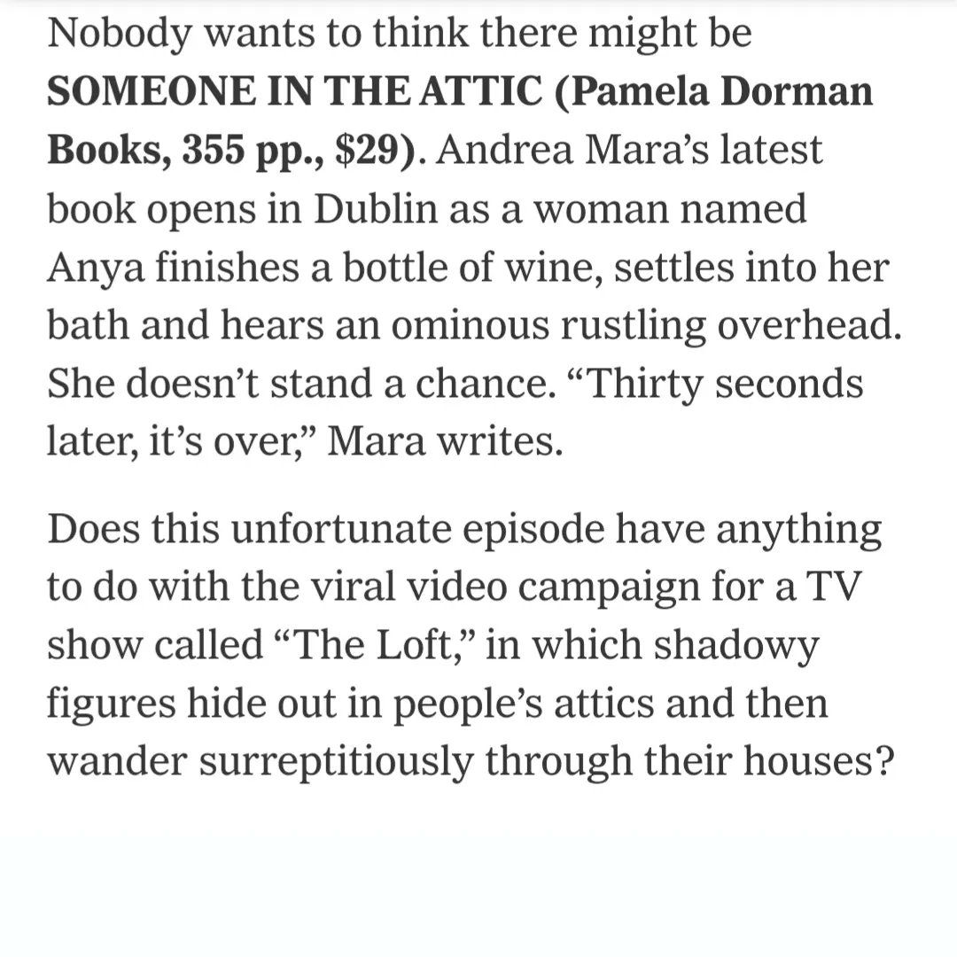 Things I did not have on my bingo card for today: a review for Someone In The Attic in the New York Times!

'Mara is a best seller in her native Ireland, and she lays out the pieces of the puzzle with diabolical wit, some good suspense and an unexpected note of sentimentality.'