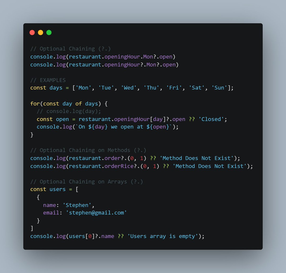 xaint_obas's tweet photo. 🧵Today I practiced using the #JavaScript #OptionalChaining (?.) and found it very useful for handling null or undefined values in objects, methods, and arrays..
It helps you avoid errors when accessing deeply nested properties or methods that might not exist..
practice code: https://t.co/w0rJ2ErSpb