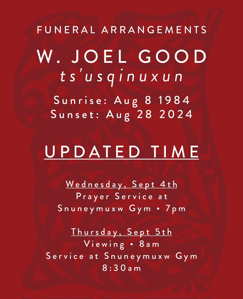 aylelum's tweet photo. 📢 UPDATED TIME: The Prayer Service for Joel is at 7 PM Wednesday, not 8 as the inital post says. The funeral is the same -- viewing commences at 8 AM at the service starts at 8:30 AM. 

Please spread the word.

Hay c:ep q̓a 🙏 https://t.co/qTv2fMMNzB