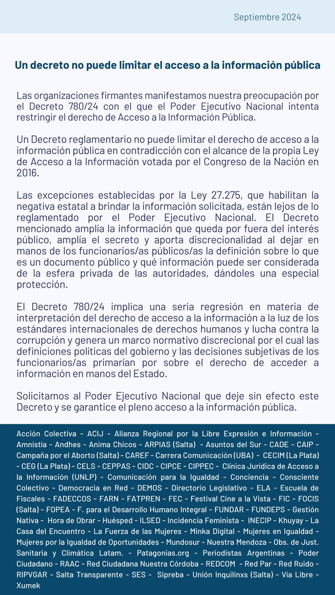 Un decreto no puede limitar el acceso a la información pública 

Las organizaciones firmantes manifestamos nuestra preocupación por el Decreto 780/24 con el que el Poder Ejecutivo Nacional intenta restringir el derecho de Acceso a la Información Pública.