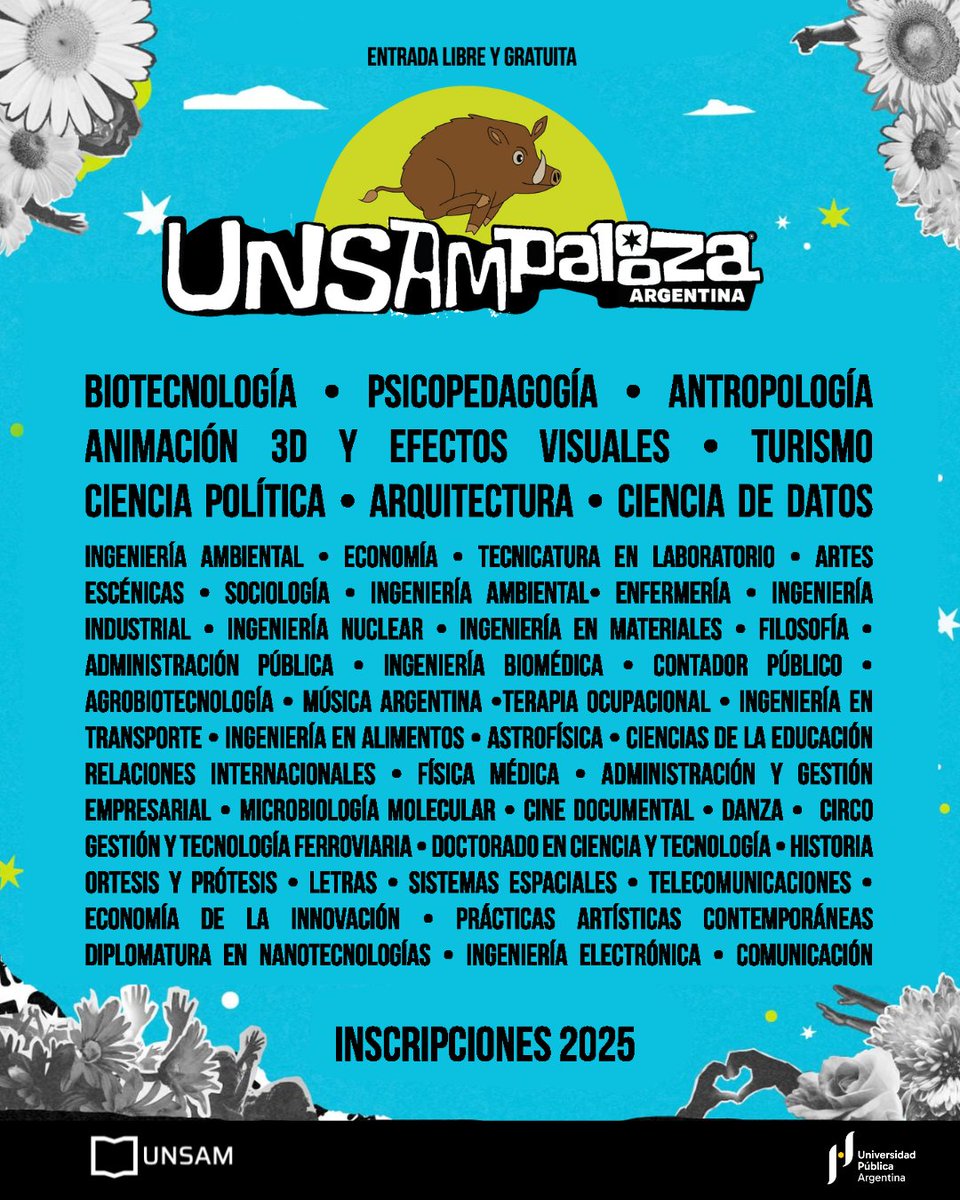 unsamoficial's tweet image. ¿Están para un Unsampalooza? 😎 Presentamos el Line Up UNSAM 2025: un flyer repleto de las mejores carreras que te harán vibrar al ritmo del conocimiento

A partir de septiembre abrimos las inscripciones para el ciclo 2025. Lo más importante: la entrada es pública y gratuita  😉.