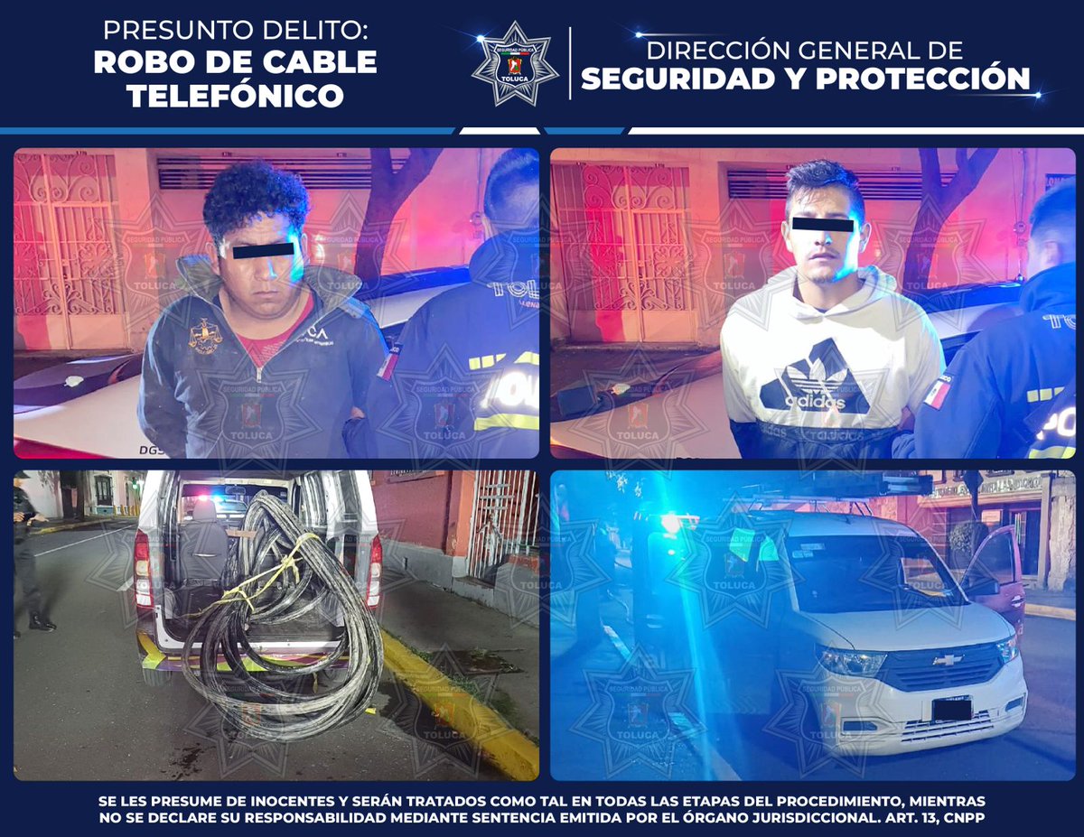 DIRECCIÓN GENERAL SEGURIDAD Y PROTECCIÓN DE TOLUCA (@seguridadtol) on Twitter photo Derivado de un llamado vía C4, elementos de la #PolicíaMunicipal dieron alcance a una camioneta Chevrolet Tornado la cual era conducida por Luis “N” y Alberto “N”, quienes momentos antes presuntamente habían robado 30 metros de cable telefónico subterráneo. Derivado de un llamado vía C4, elementos de la #PolicíaMunicipal dieron alcance a una camioneta Chevrolet Tornado la cual era conducida por Luis “N” y Alberto “N”, quienes momentos antes presuntamente habían robado 30 metros de cable telefónico subterráneo.