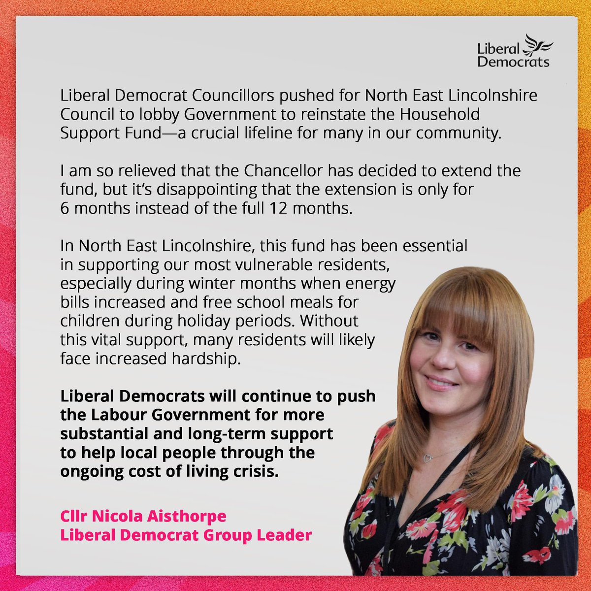 Nicola Aisthorpe 🔶 (@nicoiaaisthorpe) on Twitter photo Lib Dems are pleased the Govt has extended the Household Support Fund, which follows our motion in Council. But a 6 month extension is not enough. This fund is crucial for our most vulnerable residents. <a href="/GrimCleeLibDems/">Grimsby & Cleethorpes Liberal Democrats</a> will keep pushing for long-term support #LibDems #FairerDeal Lib Dems are pleased the Govt has extended the Household Support Fund, which follows our motion in Council. But a 6 month extension is not enough. This fund is crucial for our most vulnerable residents. <a href="/GrimCleeLibDems/">Grimsby & Cleethorpes Liberal Democrats</a> will keep pushing for long-term support #LibDems #FairerDeal