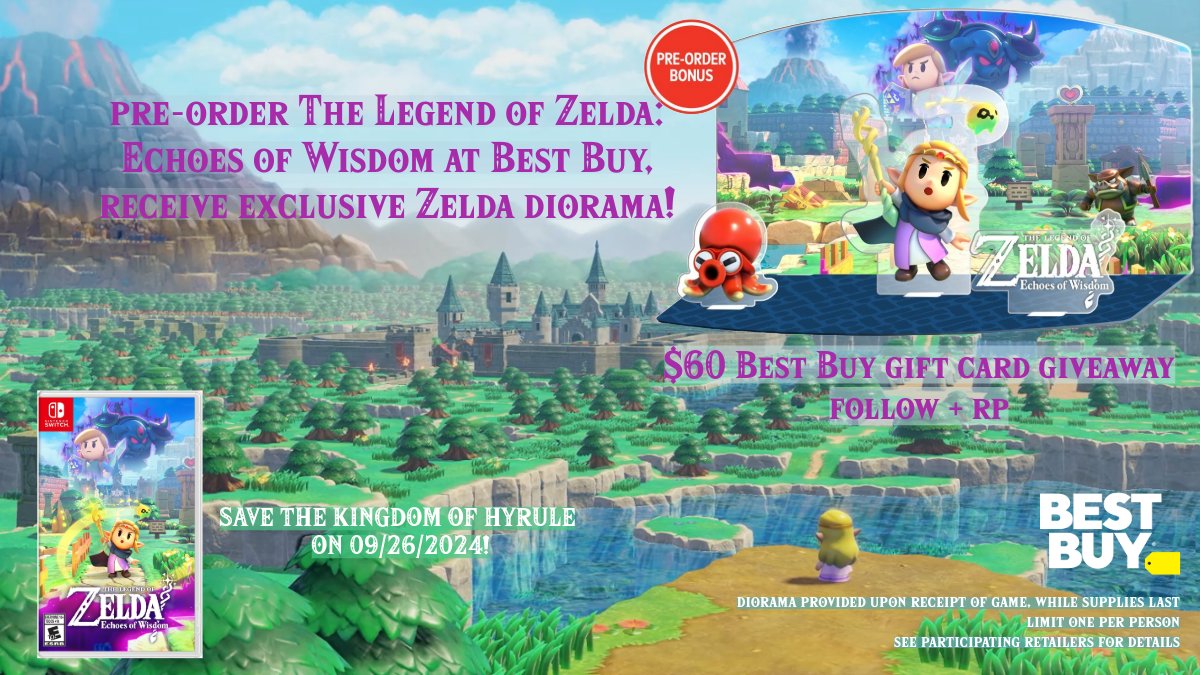 videogamedeals's tweet image. Pre-order The Legend of Zelda: Echoes of Wisdom at Best Buy and receive a free Zelda diorama, while supplies last.

Save the Kingdom of Hyrule on 9/26/24!

Follow us &amp;amp; RP for a chance to win a $60 Best Buy GC!
Ends 9/25 at 9PM EST. #sponsored

cag.vg/zeldaeow