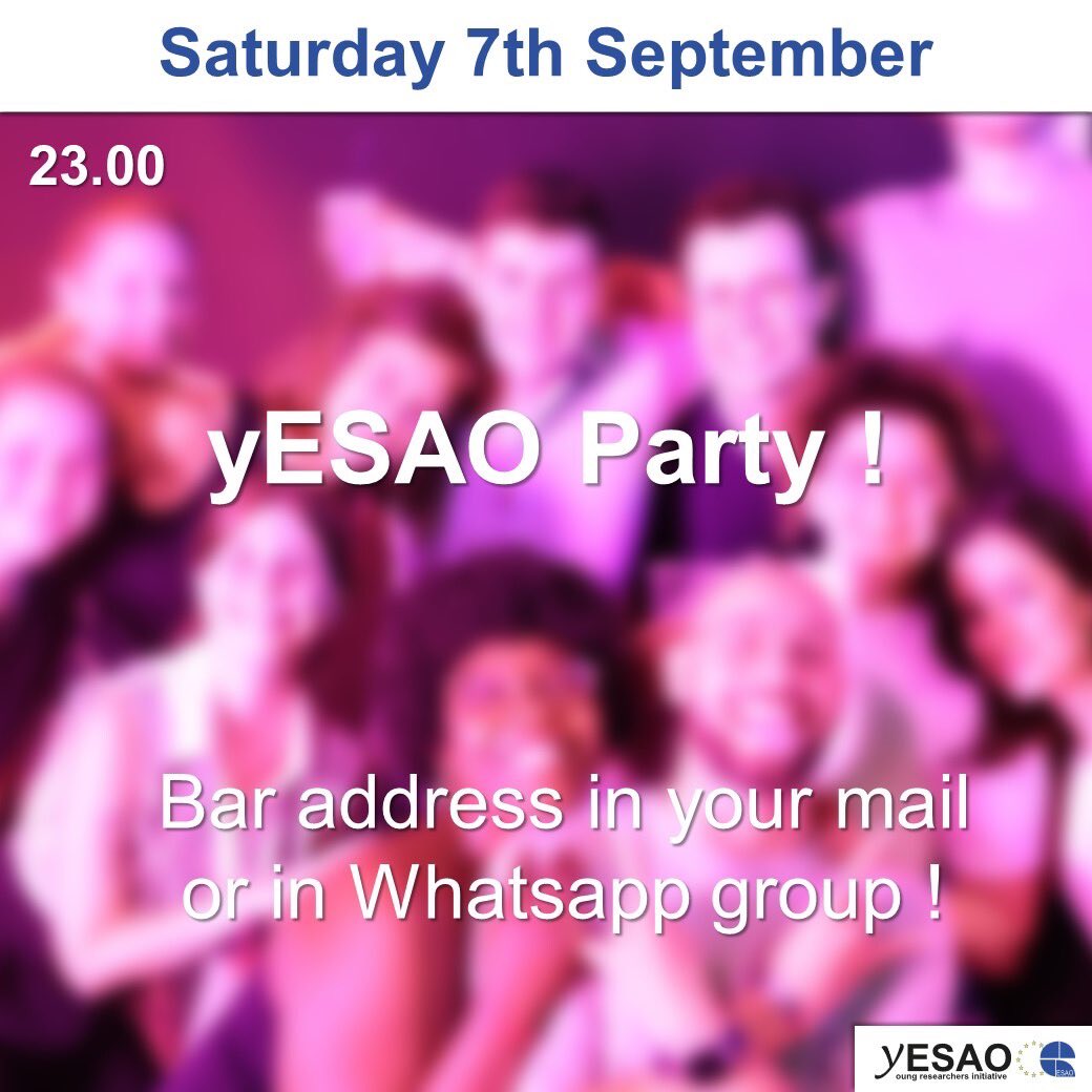youngESAO is close! ⏰ 

Here is the 2/2 part of the programme for the first day on Saturday 7th September. Lunch, keynotes, pitch session, lab visit, dinner and party!!

We can't wait any longer! See you un Aachen!