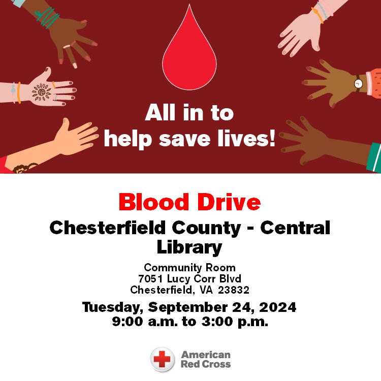 🩸 Help save lives and join us on Tuesday, Sept. 24 at Central Library from 9 a.m. to 3 p.m. for our Blood Drive with the @varedcross and @redcross. Visit rcblood.org/2AM2omA to schedule an appointment.