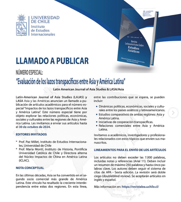 #CFP Junto a <a href="/Pazmilet1/">Paz Milet</a> somos editoras invitadas del número especial "Evaluación de los lazos transpacíficos entre Asia y América Latina" de la Revista Latinoamericana sobre Estudios Asiáticos, del <a href="/ieiuchile/">IEI U. Chile</a> 
Plazo de envío: 30 octubre, 2024
Más info revistalea.uchile.cl