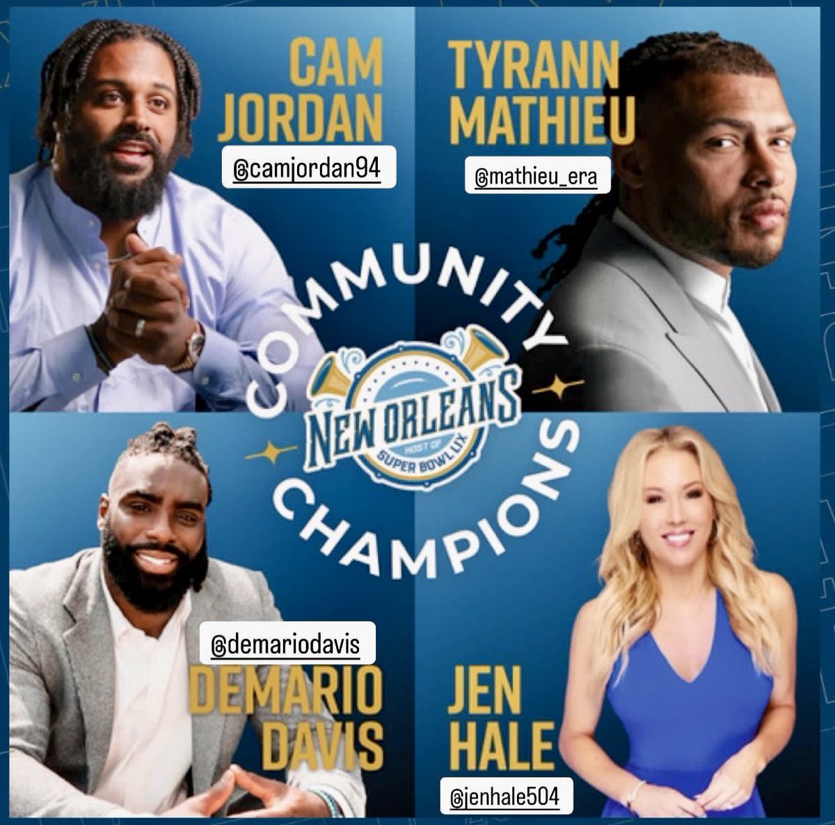 JenHale504's tweet image. I&apos;m honored to join the Nola Super Bowl Host Committee as a Community Champion, with a few of everyone&apos;s favorite @saints: @camjordan94 @mathieu_era &amp;amp; @demariodavis ! It&apos;s about more than a game. It&apos;s about representing our home &amp;amp; leaving a positive impact. #ItsWhatWeDo #SBLIX