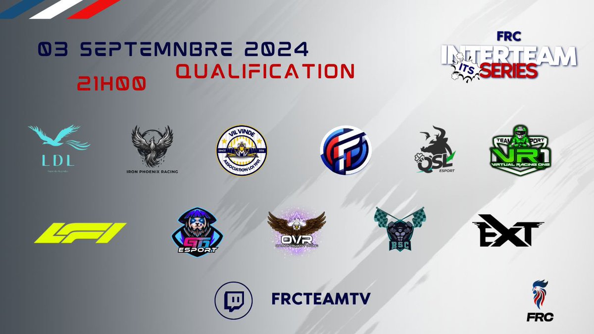 Ce soir, c'est aussi notre rentrée côté F1, avec la Qualif afin de participer à l'InterTeam FRC.
Une première avec nos Nouveau Nom.
Et une Bonne chance à nos concurrents.

🇧🇷 : 🏎️ : <a href="/MTx_Kv/">IPR_MTx</a>.
🇬🇧 : 🏎️ : <a href="/Light/">c.c</a>.

📺 : FRC. 20h45 : Twitch.tv/frcteamtv.