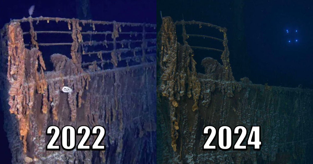 P4ULD's tweet photo. New Photos Show Titanic’s Iconic Bow Collapsing https://t.co/ympv6gOFqa https://t.co/RwtBijtBmu