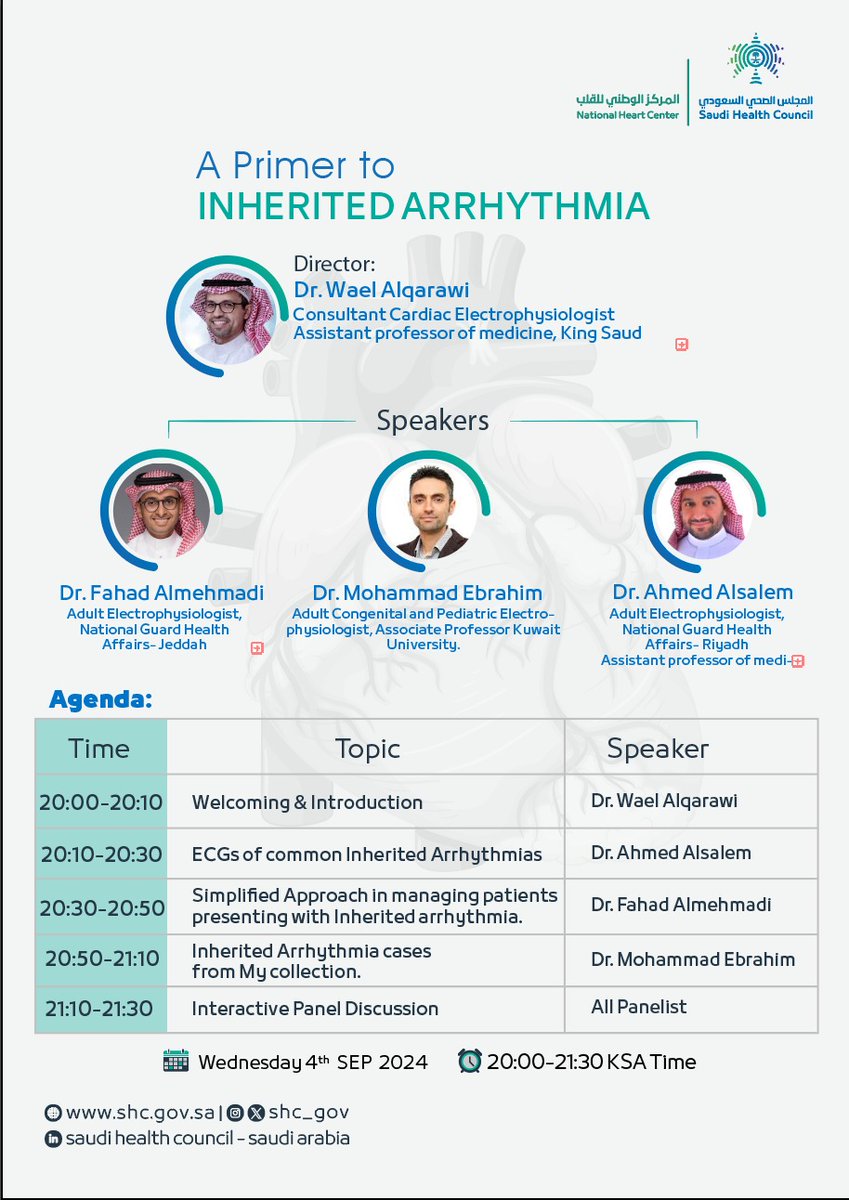 د.فهد المحمادي Fahad Almehmadi MD, MPH, FHRS (@dfahadalmehmadi) on Twitter photo Please join us tomorrow for our first electrophysiology webinar, which will tackle the important topic of
" Inherited Arrhythmia Disorders."
<a href="/SHC_GOV/">المجلس الصحي السعودي</a>
<a href="/AdelTash/">Adel Tash</a>, <a href="/YAHYAHEBAISHI/">يحيي الحبيشي</a>,<a href="/naeemalshoaibi/">د. نعيم الشعيبي</a> <a href="/WaelAlqarawi/">wael alqarawi / وائل القرعاوي</a> <a href="/AhmedBAlsalem/">د. أحمد بندر السالم</a> <a href="/Mo_PedsEP/">Mohammad Ebrahim</a>
💻Live course 📷 Wednesday, Sept Please join us tomorrow for our first electrophysiology webinar, which will tackle the important topic of
" Inherited Arrhythmia Disorders."
<a href="/SHC_GOV/">المجلس الصحي السعودي</a>
<a href="/AdelTash/">Adel Tash</a>, <a href="/YAHYAHEBAISHI/">يحيي الحبيشي</a>,<a href="/naeemalshoaibi/">د. نعيم الشعيبي</a> <a href="/WaelAlqarawi/">wael alqarawi / وائل القرعاوي</a> <a href="/AhmedBAlsalem/">د. أحمد بندر السالم</a> <a href="/Mo_PedsEP/">Mohammad Ebrahim</a>
💻Live course 📷 Wednesday, Sept
