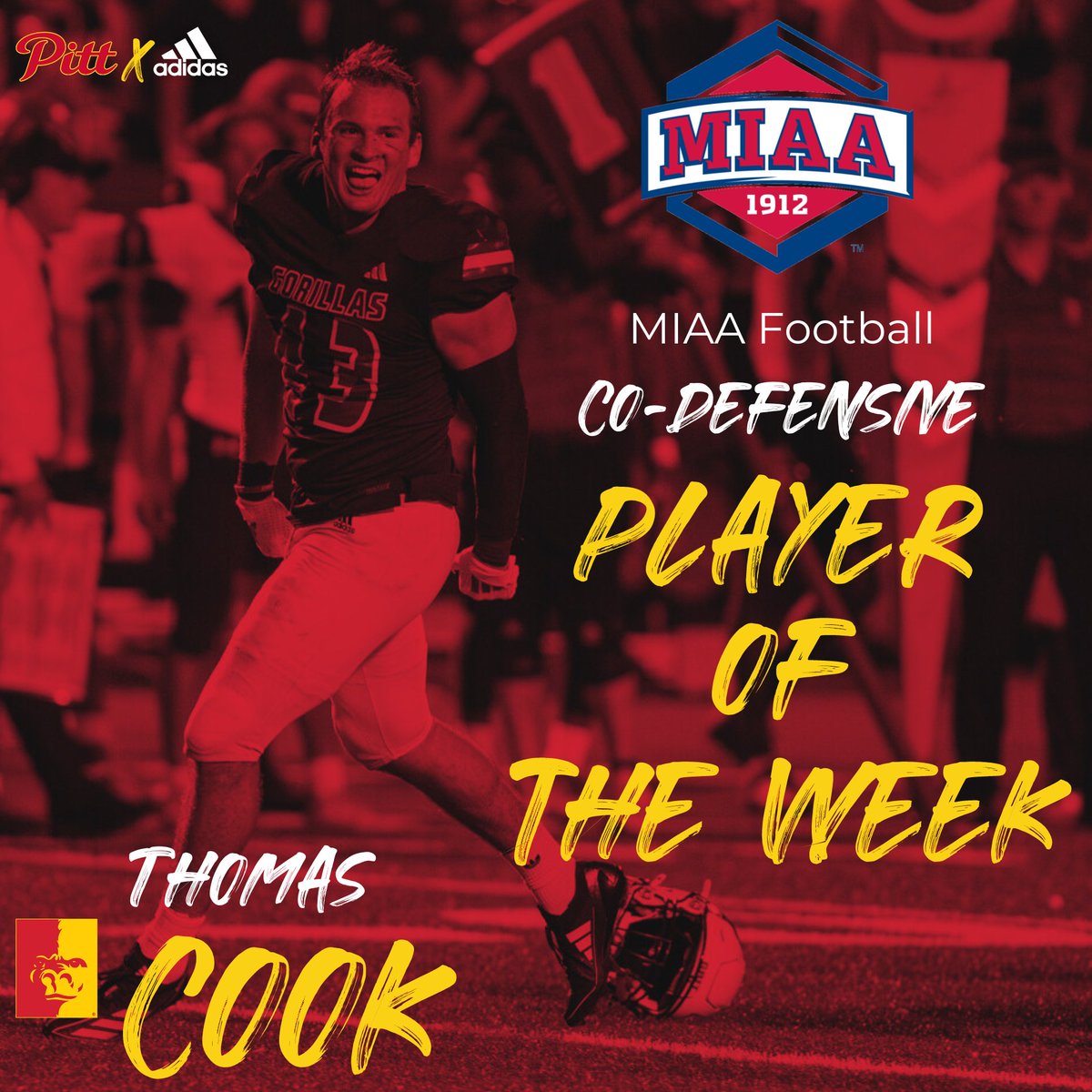 🚨PLAYER OF THE WEEK🚨

LB Thomas Cook is the MIAA co-Defensive Player of the Week after a huge performance against Ferris State 🦍🏈

5 tackles
1 sack
1 forced fumble
1 fumble recovery

<a href="/GorillasFB/">Pitt State Football</a>|<a href="/pittstate/">Pittsburg State</a>|<a href="/Tommy_Cook5/">Thomas Cook</a>