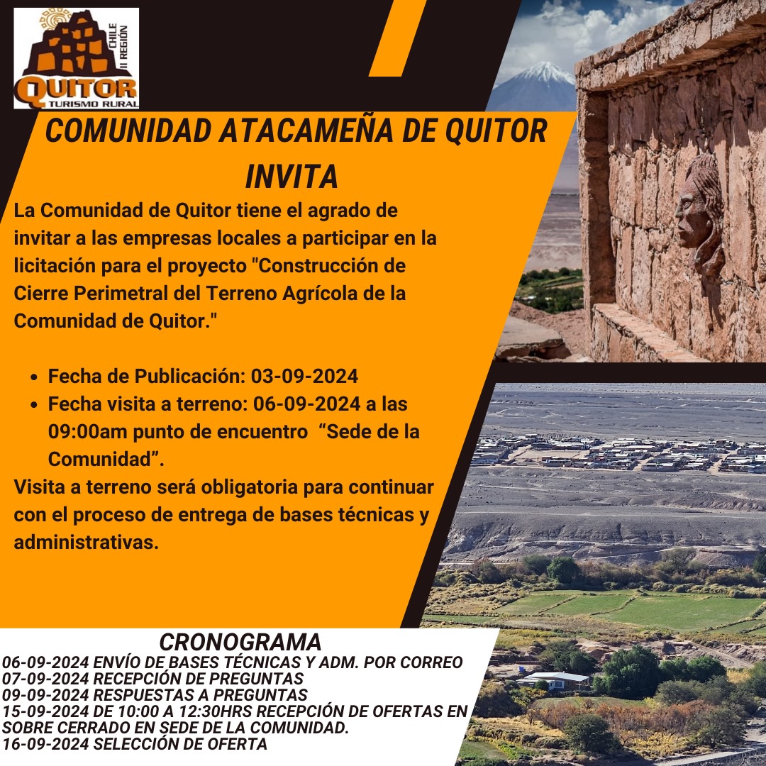 Comunidad Atácameña de Quitor invita a proyecto de "Construcción de Cierre Perimetral de Terreno Agricola de la Comunidad de Quitor".
Aviso laboral!!!
