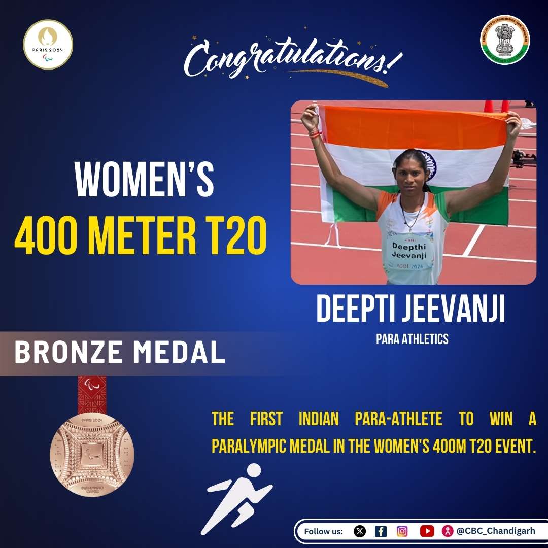 CBC_Chandigarh's tweet image. #Deepthi Scripts HER Story! 🌟

Congratulations to #DeepthiJeevanji for making history as the first Indian para athlete to win a #Paralympics medal in the women&apos;s 400m T20 event!🥉🏃‍♀️

Timing: 55.82 sec. You’ve made the nation proud! 🇮🇳 

#Paralympic2024 #Paris2024 
@afiindia