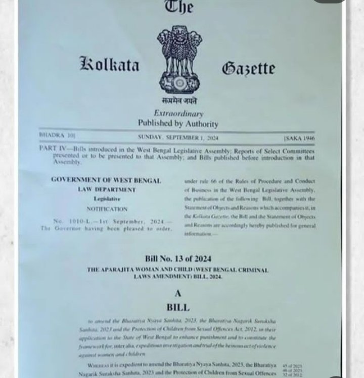 MohdDanish8853's tweet photo. In West Bengal, "Aparajita" is being introduced for traitors guilty of rape, in which the culprit will be proposed to be hanged within ten days.
#BengalShowsTheWay #MamataBanerjee #DEVARAT360 #PunjabVichNoNOC
#NaariMahaShakti #WestBengal #WestBengalNews #westbengalassembly https://t.co/WjmvuOnhgl