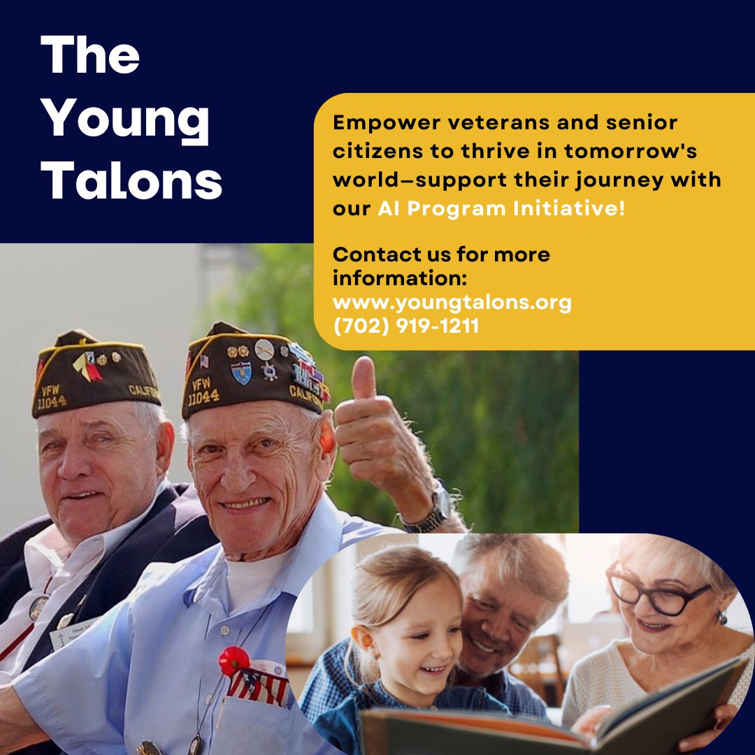 Bridge the gap with our AI Program Initiative! 🧠💻 We are helping veterans and senior citizens transition into tech careers. Get involved and make a difference—visit youngtalons.org to learn more! #TechForAll #InclusiveInnovation #YoungTalons